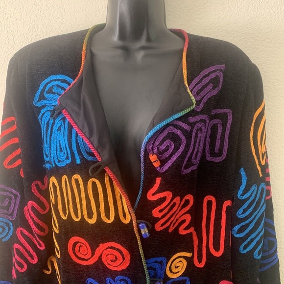 Vintage ALEX KIM Wearable Art Black Jacket Blazer Glass Toggle Buttons Size M - Picture 10 of 11